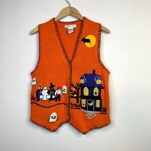 Vintage Y2K Victoria Jones Halloween Sweater Vest Embroidered Orange Womens M